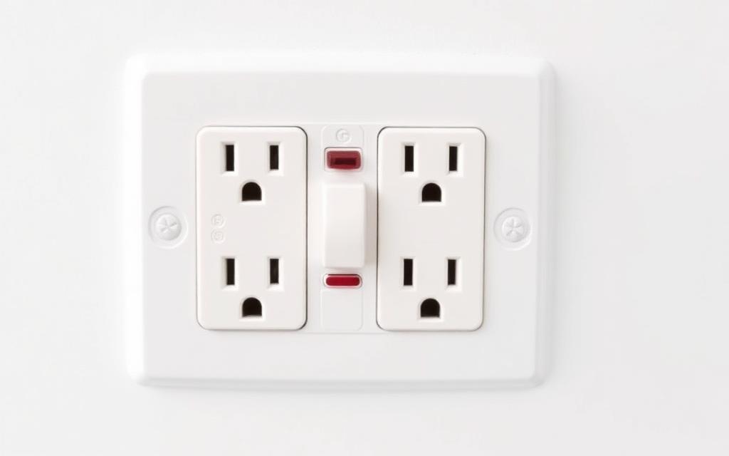 White GFCI electrical outlet with test and reset buttons installed on a wall